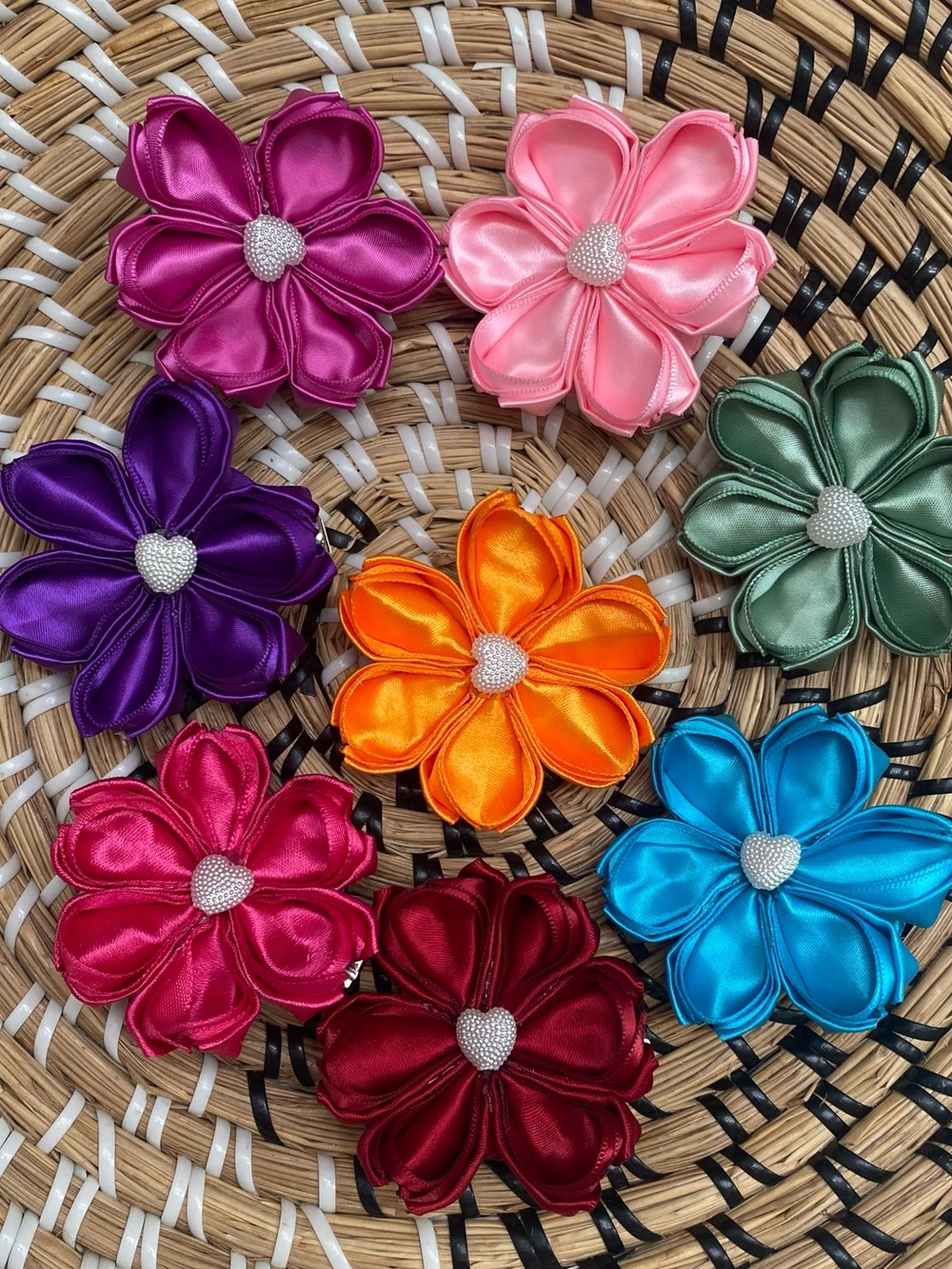 Set of 8 Colorful Flower Hair Clips - Hand Crafted